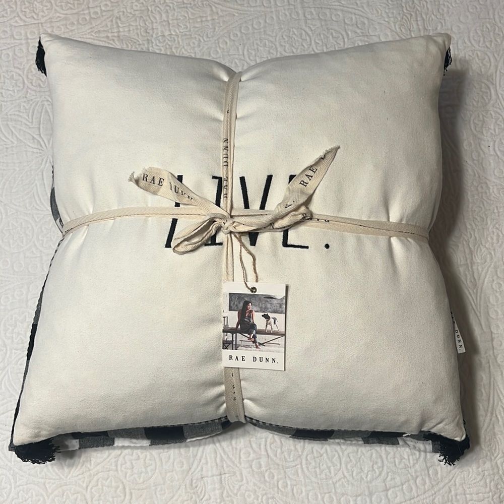 2pc Rae Dunn‎ 20" Pillows Set "LIVE" with tassels and Buffalo plaid accents
